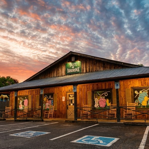 Taste of Dandridge restaurant, a rustic wooden building with a porch and rocking chairs, at sunset.