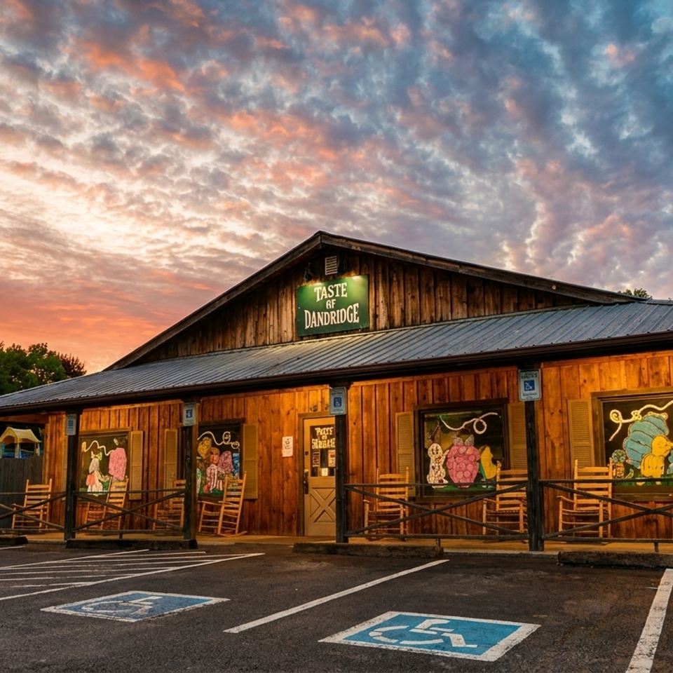 Rustic wooden restaurant with a "Taste of Dandridge" sign under a vibrant sunset sky.