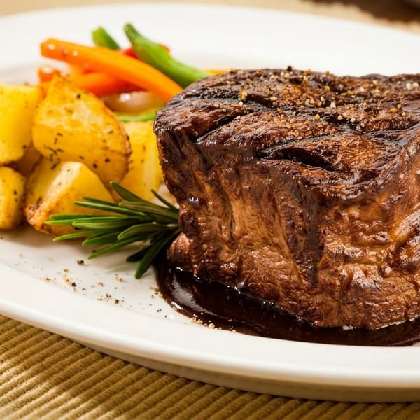 Grilled steak with roasted potatoes, carrots, green beans, and rosemary on a white plate.