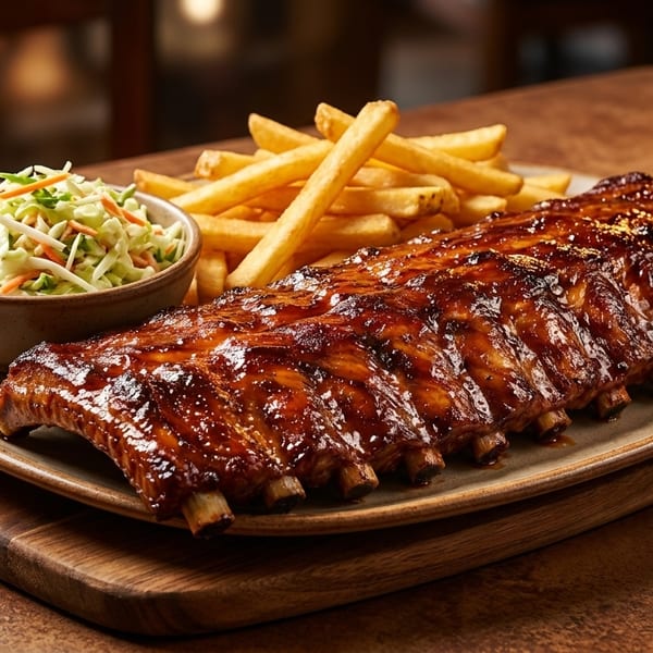 A full rack of glistening BBQ ribs with fries and coleslaw on a rustic wooden board.
