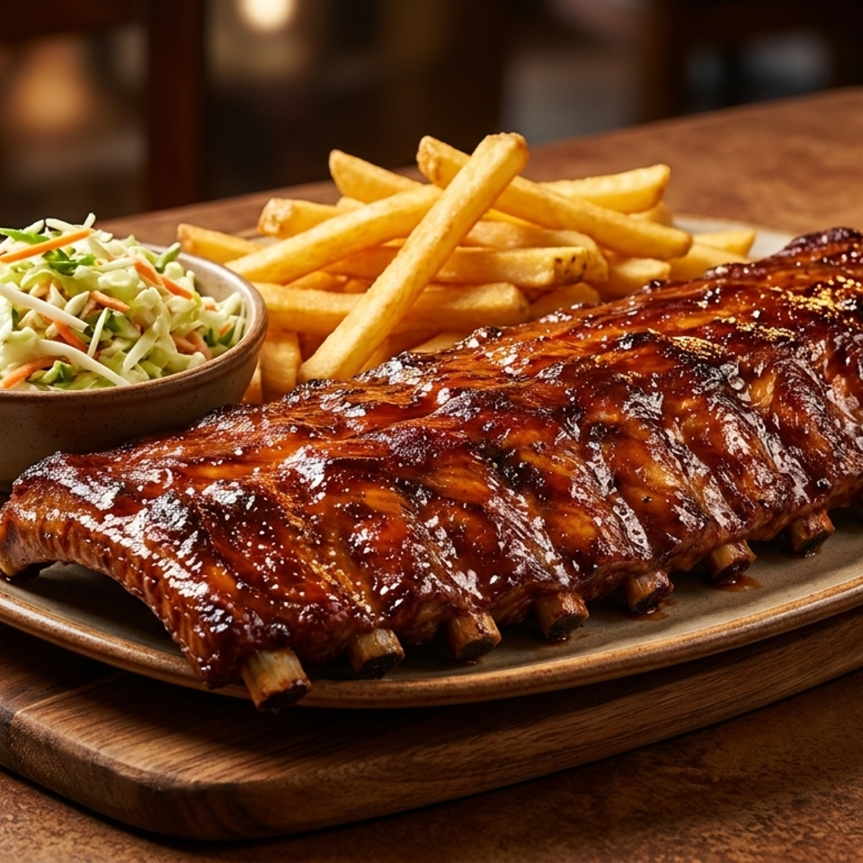 A full rack of glistening BBQ ribs, golden fries, and coleslaw on a rustic wooden board.