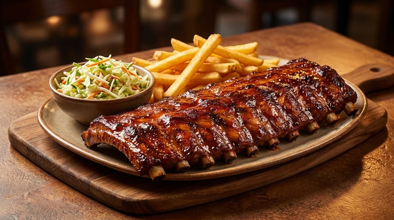 A full rack of glistening BBQ ribs with fries and coleslaw on a rustic wooden board.